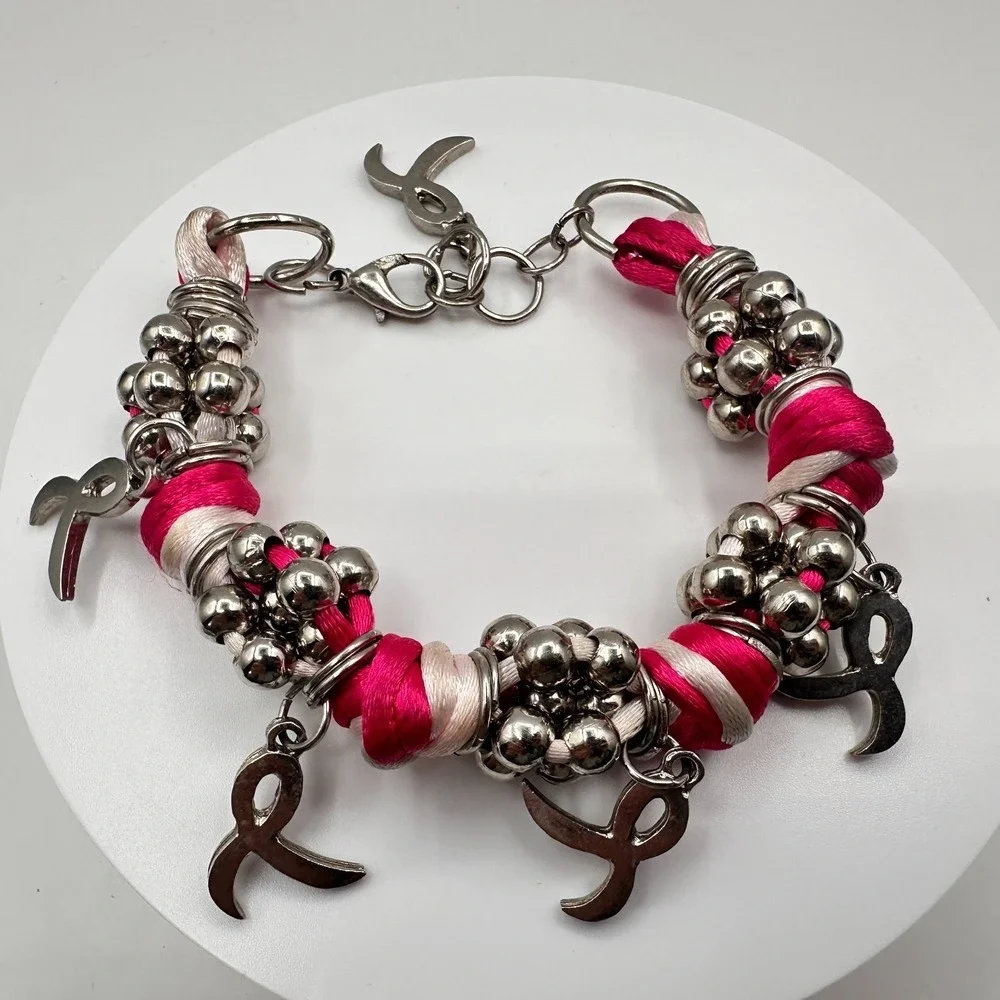 Vintage 90s Silk‎ Ribbon Breast Cancer Awareness Bracelet Silver Tone Beaded Y2K
